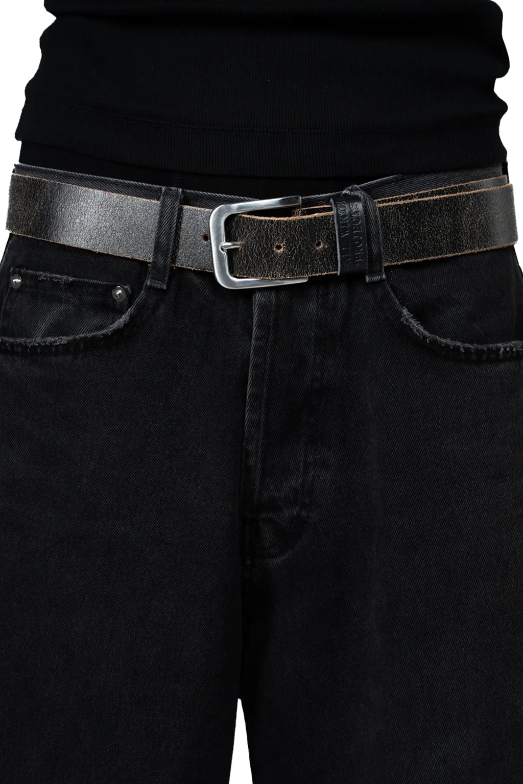 BROWN LABEL LEATHER GOODS CRACKED OVERLENGTH BELT BLACK