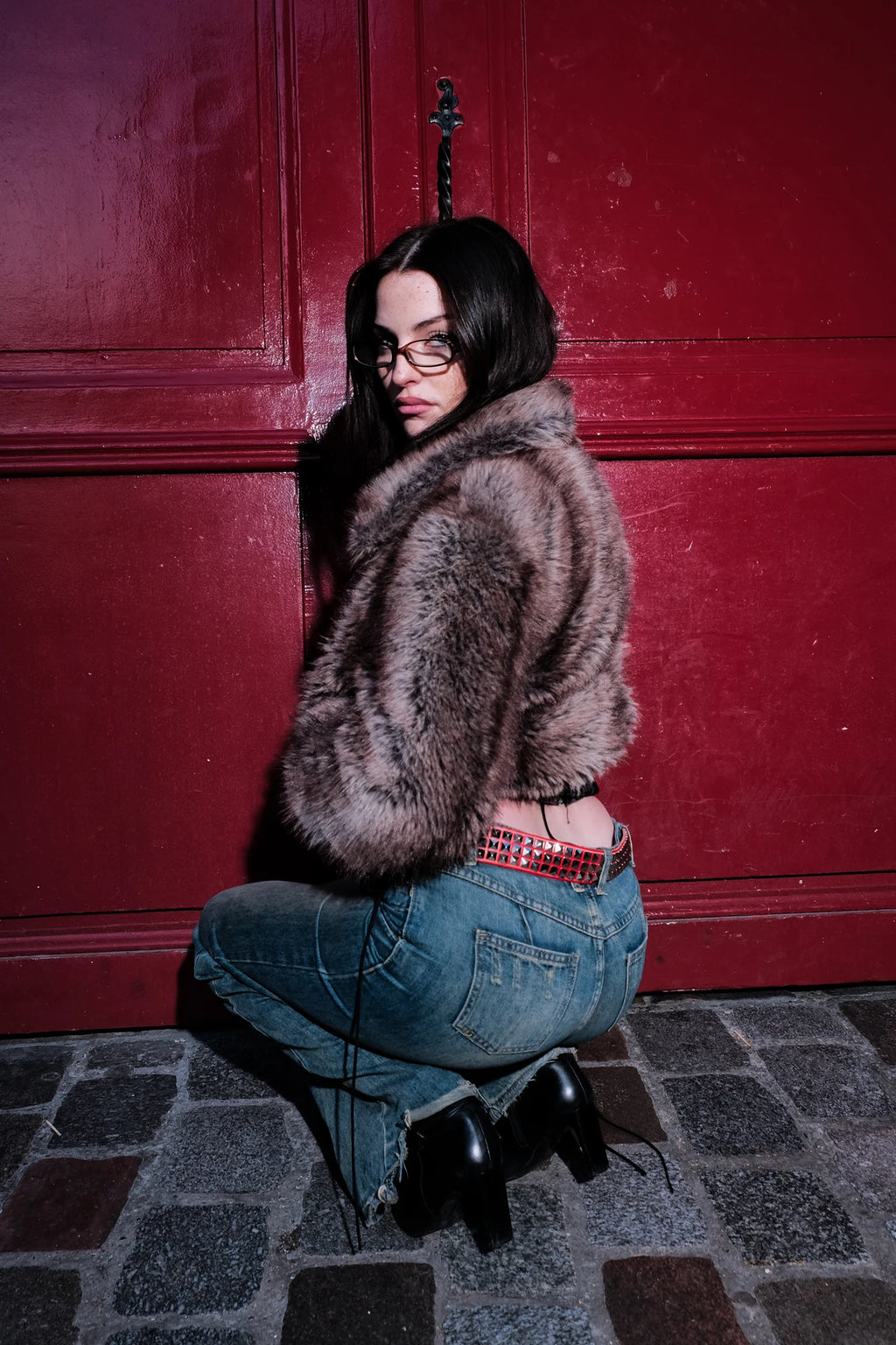 BROWN LABEL LEATHER GOODS RIVET BELT RED